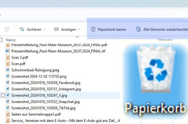 Der Screenshot zeigt das Symbol für den Papierkorb unter Windows sowie, blau hinterlegt, die wichtigsten Papierkorb-Funktionen „Papierkorb leeren“ und „Elemente wiederherstellen“.