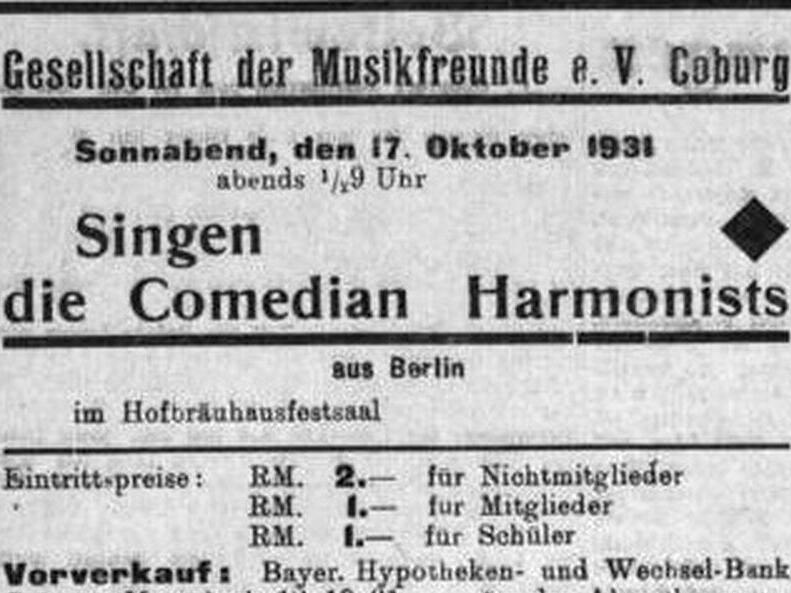 Mit dieser Anzeige in der Coburger Zeitung warb die Gesellschaft der Musikfreunde Coburg im Oktober 1931 für das Gastspiel der Comedian Harmonists.