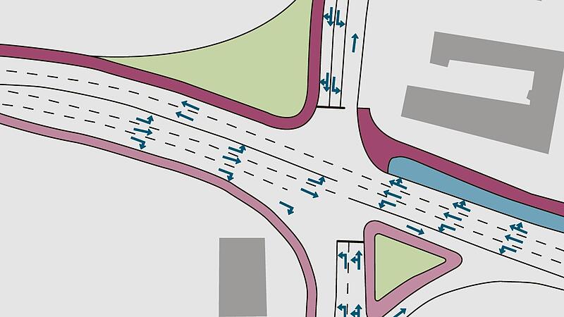 Links geht es zur S&uuml;dbr&uuml;cke, rechts zum Ostring und von unten nach oben geht es von der W&uuml;rzburger Stra&szlig;e in die Kurhausstra&szlig;e.