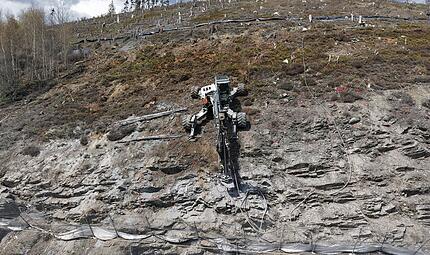 Mit seinem Schreitbagger sichert Christian Fehn derzeit den Steilhang in Ludwigsstadt oberhalb der Bahngleise.