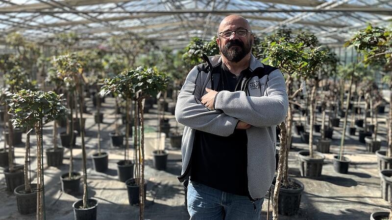 Holger Pfaff, Leiter der Kurg&auml;rtnerei Bad Kissingen, vor hunderten Solit&auml;rb&auml;umen und Stauden, die in einer Gew&auml;chshalle &uuml;berwintert haben.
