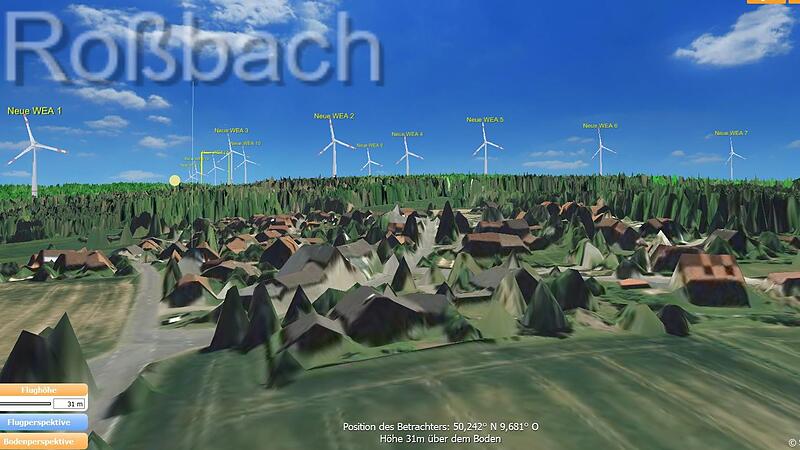 Diese auf Basis des bayerischen Energieatlas&rsquo; erstellte Grafik soll den Blick &uuml;ber Ro&szlig;bach in 31 Metern H&ouml;he zu den geplanten Windr&auml;dern zeigen.