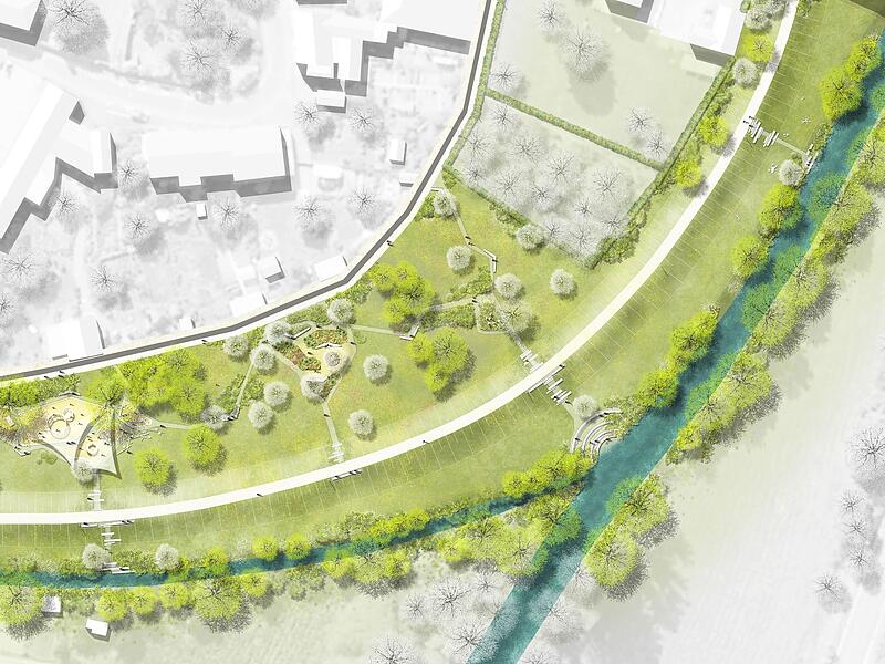 Der mittlere Teil des Parks. Rechts beginnen private Gärten, danach kommt die Meininger Straße. Der mittlere Teil des Parks. Rechts beginnen private Gärten, danach kommt die Meininger Straße.