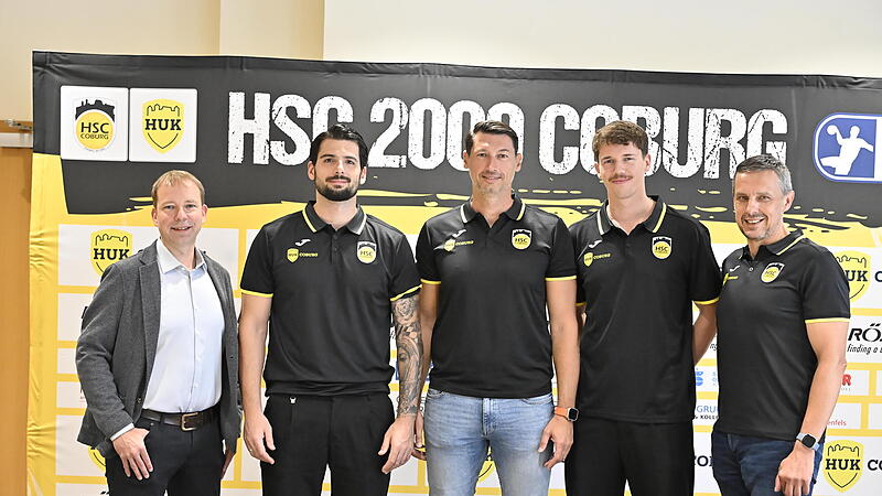 Jan Gorr, Anel Mahmutefendic und Stefan Apfel mit den beiden Neuzug&auml;ngen Savvas Savvas und Sven We&szlig;eling.