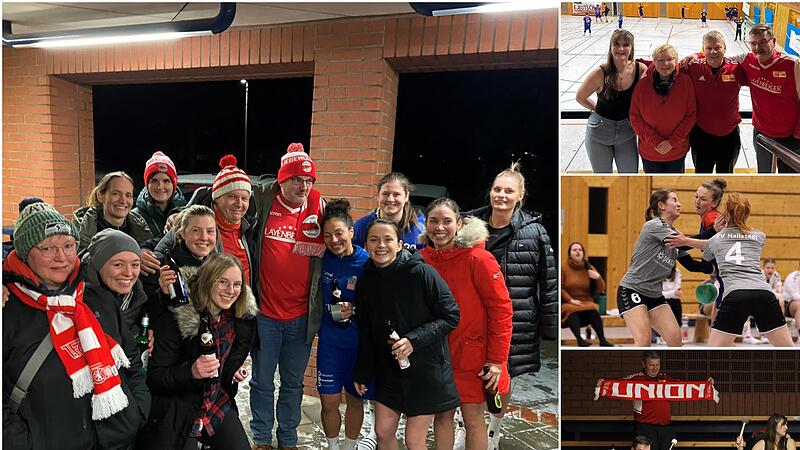 Ungew&ouml;hnliche Unterst&uuml;tzung: Vier Fans vom FC Union Berlin unterst&uuml;tzten die Handballerinnen des HC Bamberg (oben rechts, unten rechts) beim Derby gegen den TV Hallstadt (Mitte rechts). Nach dem Spiel gab es ein gemeinsames Bild (links).