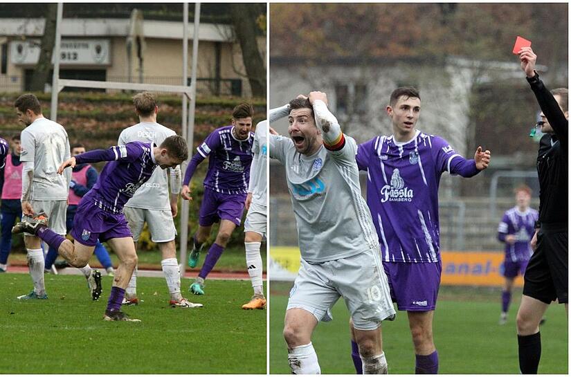 Der Torschütze, gejagt von den eigenen Mitspielern: Mit einem Traum-Freistoß in den Winkel aus mehr als 25 Metern sorgte Philipp Hack (linkses Bildd) für den 2:0-Sieg des FC Eintracht Bamberg gegen den SV Viktoria Aschaffenburg. Bei den Gästen flo...
