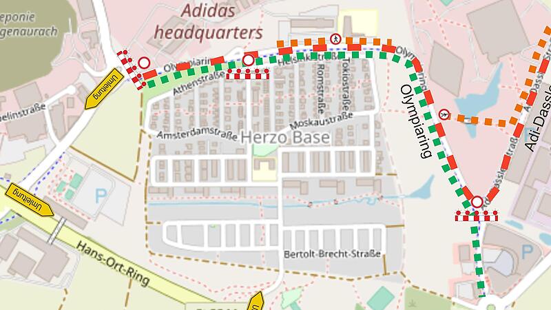 Die rot markierte Straße ist für den Verkehr gesperrt. Die grüne Markierung bedeutet: frei für Fußgänger und Radfahrer. Die rot markierte Straße ist für den Verkehr gesperrt. Die grüne Markierung bedeutet: frei für Fußgänger und Radfahrer.