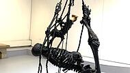 Installation von Peter Riss: ein Skelett im Skelett, das versucht, ein fliehendes Wiesel zu fressen.