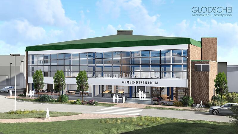 So k&ouml;nnte das neue Gemeindezentrum aussehen. Auf der Animation zu sehen: Die markante Front des Geb&auml;udes.