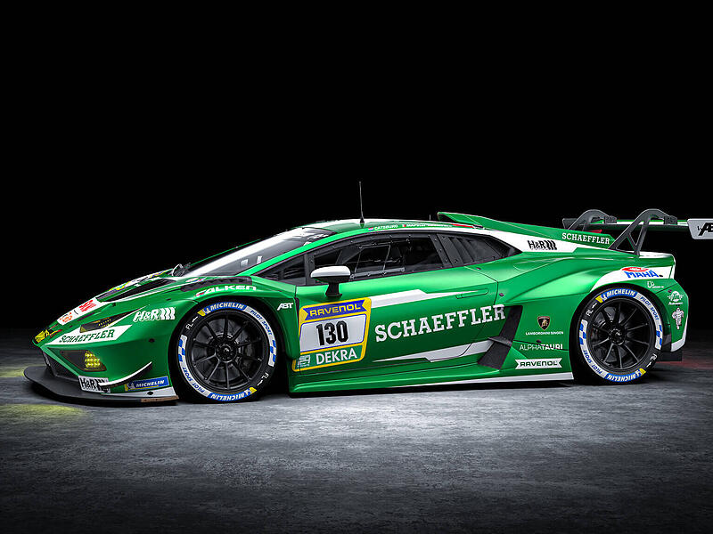 Im Schaeffler-Design bei den 24h N&uuml;rburgring 2026: Der Abt-Lamborghini #130.