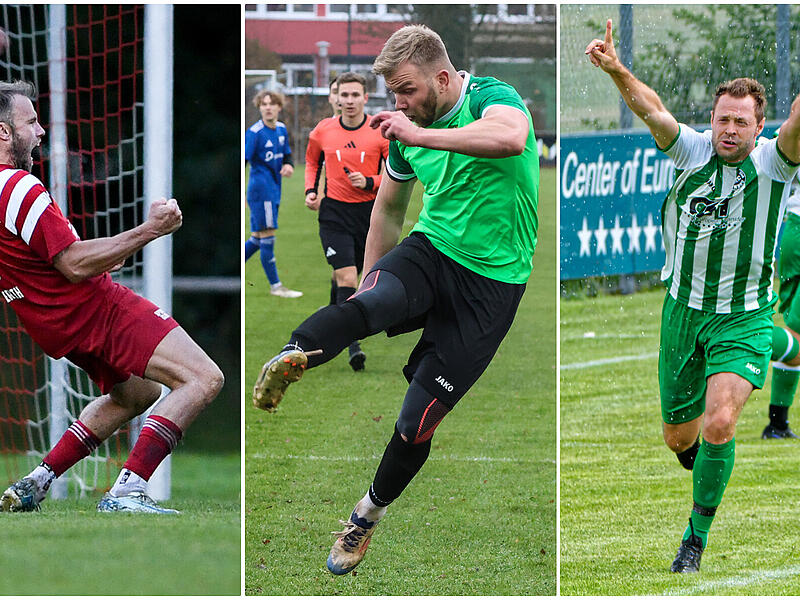 Thorsten Schlereth (links, Trossenfurt-Tretzendorf),  Alexander Fialkovski (Mitte, SV Wolfers-/Neuengr&uuml;n) und Michael Burger (rechts) geh&ouml;ren zu den besten Kreisliga-Torsch&uuml;tzen der Region.