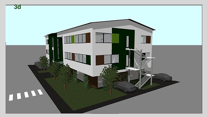 So stellt sich der Architekt den Neubau der Mittagsbetreuung in der Merzbacher Stra&szlig;e in Baiersdorf vor.