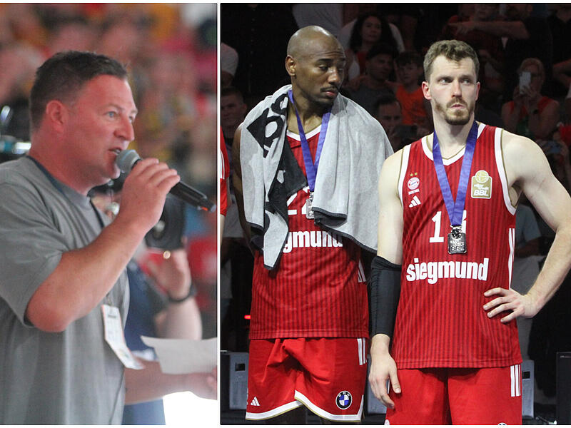 Matthias "Stego" Steger moderierte die Siegerehrung am Sonntag im SAP Garden. Bei den Bayern um Andi Obst (rechts) gab es nach der 81:84-Niederlage im f&uuml;nften Spiel lange Gesichter.