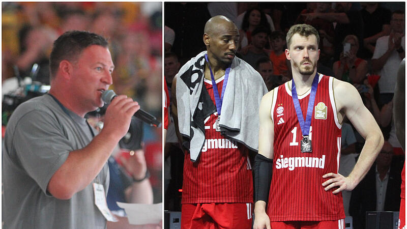 Matthias "Stego" Steger moderierte die Siegerehrung am Sonntag im SAP Garden. Bei den Bayern um Andi Obst (rechts) gab es nach der 81:84-Niederlage im fünften Spiel lange Gesichter. Matthias "Stego" Steger moderierte die Siegerehrung am Sonntag im SAP Garden. Bei den Bayern um Andi Obst (rechts) gab es nach der 81:84-Niederlage im fünften Spiel lange Gesichter.