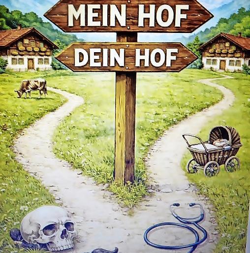 L&auml;ndliche Idylle samt einem Totenkopf pr&auml;gt das Plakat, mit dem die Theatergruppe des Radfahrvereins Concordia f&uuml;r die Bauernkom&ouml;die &bdquo;Mein Hof und dein Hof&ldquo; wirbt. Premiere ist am Samstag, 28. M&auml;rz, um 19.30 in der Grundschulturnhalle.
