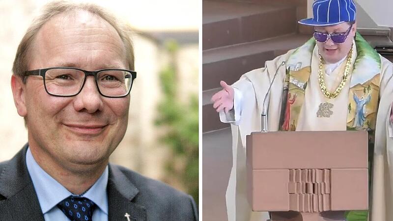 Der Hammelburger Pfarrer Thomas als Rapper im Fasching 2023.