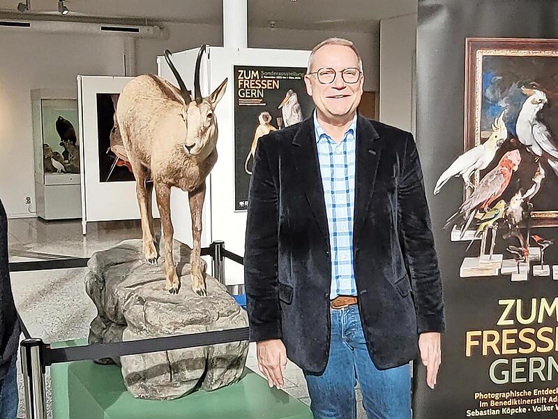 Volker Weinhold, Museumsleiter Carsten Ritzau und Sebastian Köpcke (von links) lenken den Blick der Besucherinnen und Besucher des Naturkunde-Museums Coburg in Richtung Steiermark.