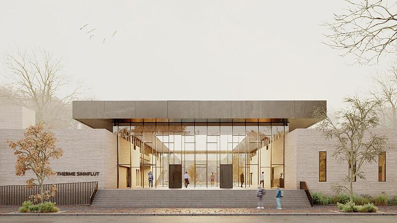 So soll nach den Vorstellungen des Architekturb&uuml;ros Br&uuml;ckner & Br&uuml;ckner aus W&uuml;rzburg der Eingangsbereich der neuen Therme Sinnflut aussehen.
