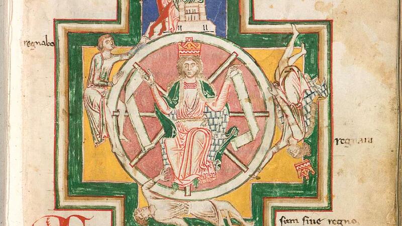 Buchmalerei im Codex Buranus &bdquo;Das Schicksalsrad&ldquo; (Rota Fortunae). Rund um das Rad sind die Phasen und der Aufstieg und Fall eines Souver&auml;ns abgebildet. Auf dem ersten &uuml;bersteigt er das Rad, aber da es sich dreht, f&auml;llt er schlie&szlig;lich auf den Boden...