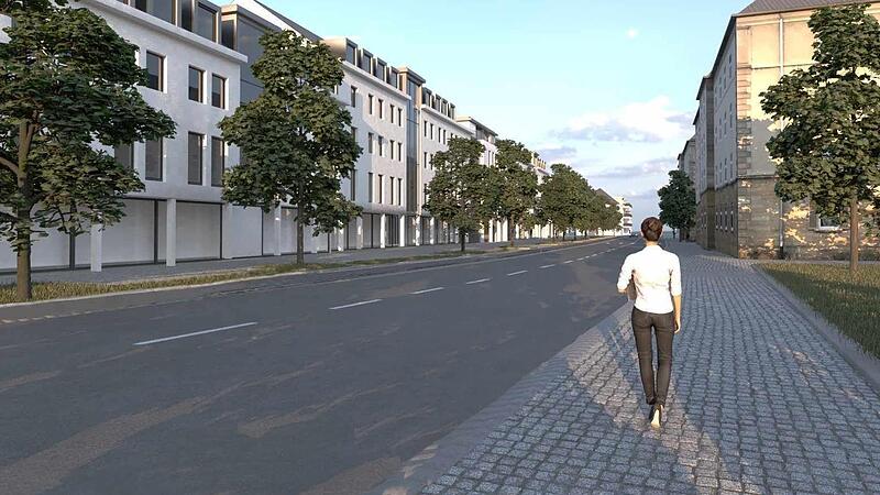 Diese Darstellung zeigt, wie die Bamberger Straße aussehen könnte, nachdem die Bebauung am Alten Güterbahnhof in Lichtenfels umgesetzt sein wird. Die Häuserzeile auf der rechten Seite ist bereits vorhanden.