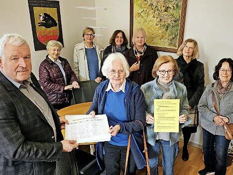 Übergabe der Unterschriftenliste. V.l.: Bürgermeister Jürgen Hennemann, Franka Camphausen, Ingrid Mandery, Sonja Strehl und (hinten, v.l.) Elisabeth Keidler, Sabine Klüpfel, Elisabeth Harrison, Sabine Hillemeir sowie Helga Merkl.