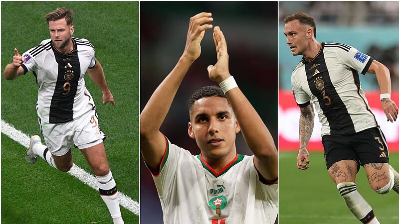 Dieses &bdquo;Franken-Trio&ldquo; pr&auml;gte den WM-Sonntag: Die deutschen Nationalspieler Niclas F&uuml;llkrug (li.) und David Raum (re.) sowie der Marokkaner Abdelhamid Sabiri.