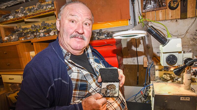 Johann Schobert zeigt in seinem Keller von ihm entdeckte versteinerte Krebse.