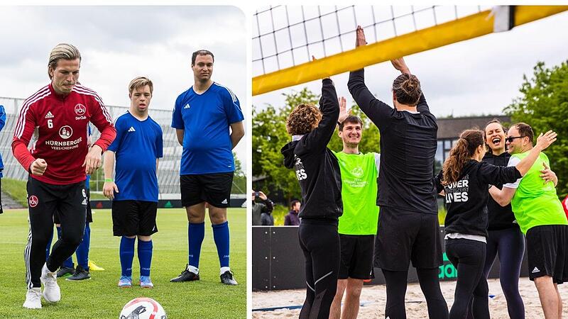 Linus Tempelmann vom FCN zeigt den Fu&szlig;ballern aus dem Special-Olympics-Team die richtige Schusstechnik (li.). Die Biathleten klatschen sich mit den gehandicapten Beachvolleyballern ab (re.).
