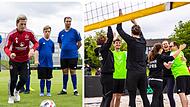 Linus Tempelmann vom FCN zeigt den Fu&szlig;ballern aus dem Special-Olympics-Team die richtige Schusstechnik (li.). Die Biathleten klatschen sich mit den gehandicapten Beachvolleyballern ab (re.).