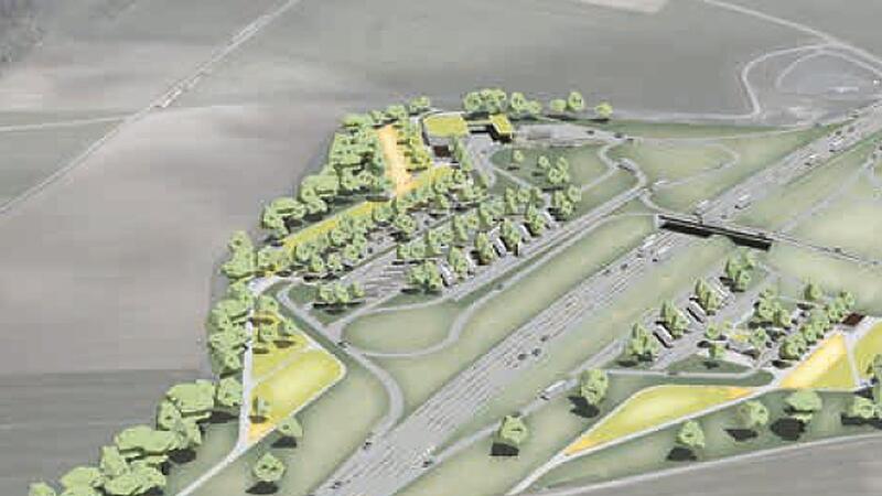 So sollen die Anlagen bei Drossenhausen aussehen:  In Fahrtrichtung  Suhl die Tankstelle samt Rastst&auml;tte,  in Fahrtrichtung  Coburg der Parkplatz mit Toiletten sowie einer Verbindungsbr&uuml;cke zur Rastanlage.