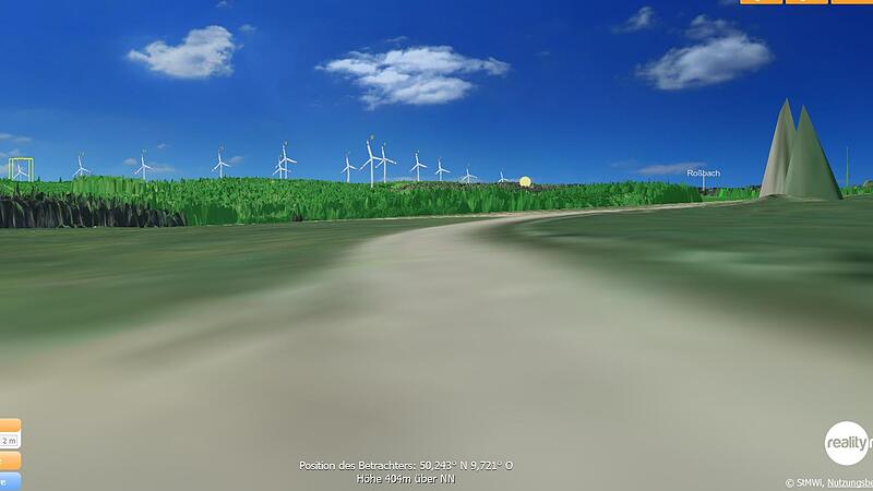 Visualisierter Blick vom Parkweg in  Wei&szlig;enbach auf die geplanten Windr&auml;der im Ro&szlig;bacher Forst.