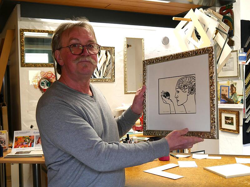 Michael Back mit einem Holzschnitt von Georg Neugebauer. Michael Back mit einem Holzschnitt von Georg Neugebauer.