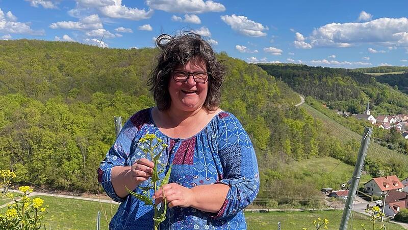 Martina Keller aus Sulzthal zeigte den Teilnehmern an einer Kräuterwanderung in Ramsthal was in und an den Weinbergen in Ramsthal sehens- und essenswertes zu finden ist.