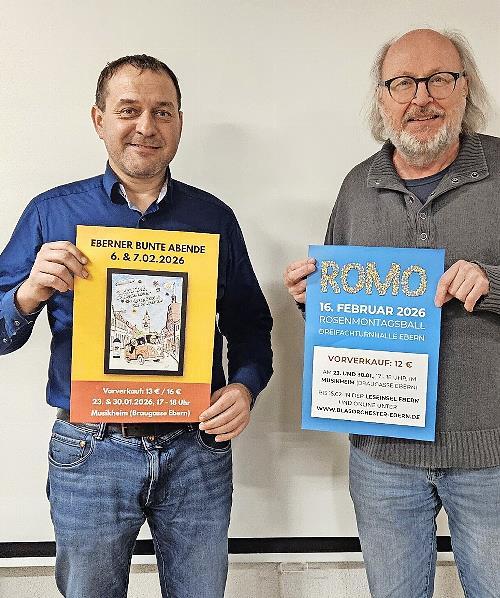 Die Vorsitzenden von Blasorchester und Kulturring, Matthias Sperber (links) und Walter Ullrich, freuen sich auf den Vorverkauf f&uuml;r Rosenmontagsball und Bunte Abende.
