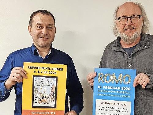 Die Vorsitzenden von Blasorchester und Kulturring, Matthias Sperber (links) und Walter Ullrich, freuen sich auf den Vorverkauf f&uuml;r Rosenmontagsball und Bunte Abende.