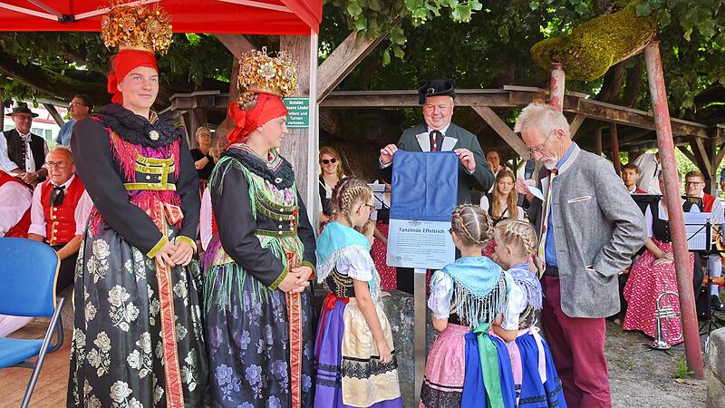 B&uuml;rgermeister Peter Lepper enth&uuml;llt zusammen mit Professor Andreas Roloff die Gedenktafel f&uuml;r die Tanzlinde in Effeltrich.