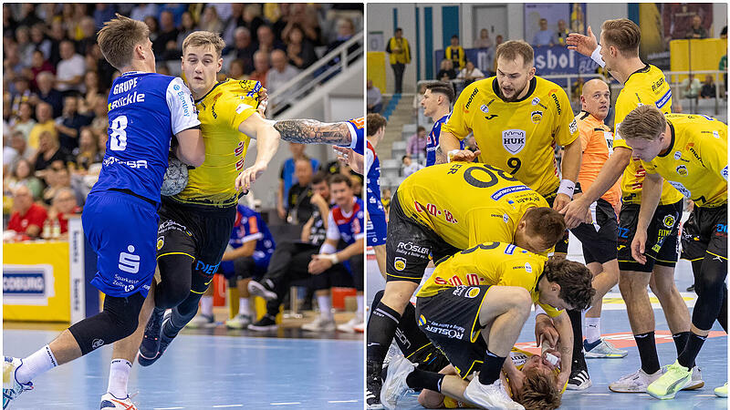 Marin Lisac (links) und Pavels Valkovskis (rechts, am Boden) verletzten sich am Samstagabend beim 37:28-Heimsieg &uuml;ber Balingen-Weilstetten. Wie ist es um den Gesundheitszustand beider bestellt?