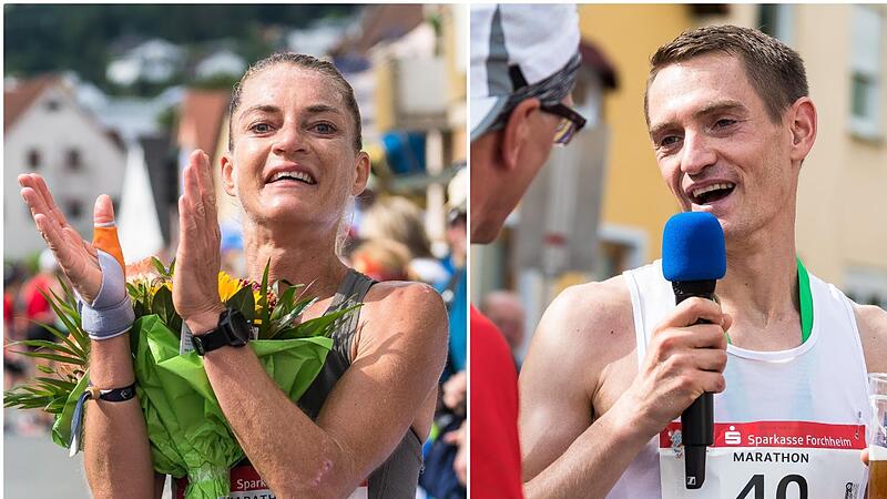 Mittelfränkische Glücksmomente: Alexandra Bauer und Philipp Karpeles liefen beim Fränkische-Schweiz-Marathon als Erste durchs Ziel.Forchheim & Fränkische Schweiz Mittelfränkische Glücksmomente: Alexandra Bauer und Philipp Karpeles liefen beim Fränkische-Schweiz-Marathon als Erste durchs Ziel.Forchheim & Fränkische Schweiz