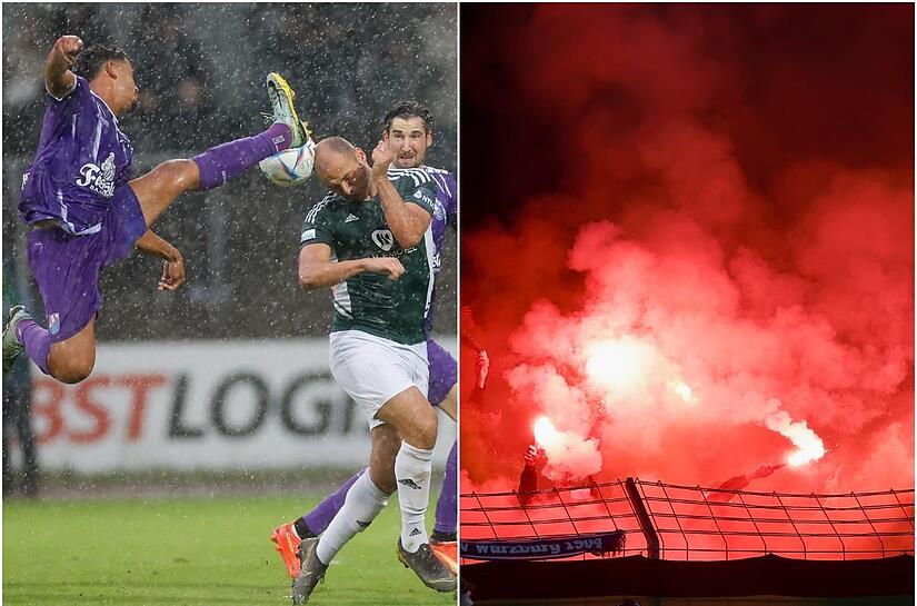 Sebastian Valdez (links) stand in der Startformation  des FC Eintracht Bamberg. Nachdem der FC Schweinfurt mit 2:0 in Führung ging, hätten die eigenen Anhänger mit dem Zünden von Pyrotechnik (rechts) fast für einen Spielabbruch gesorgt.