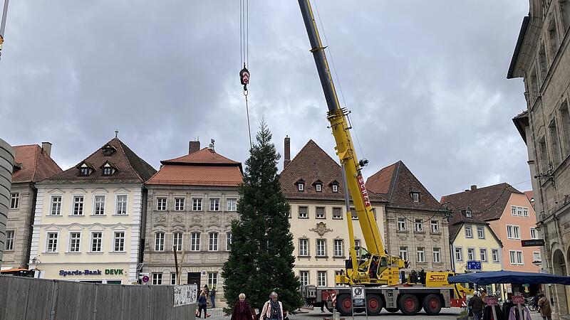 Zwölf Meter hoch, zwei Tonnen schwer: Da braucht es einen Kran, um den Baum richtig auszurichten.Forchheim & Fränkische Schweiz Zwölf Meter hoch, zwei Tonnen schwer: Da braucht es einen Kran, um den Baum richtig auszurichten.Forchheim & Fränkische Schweiz