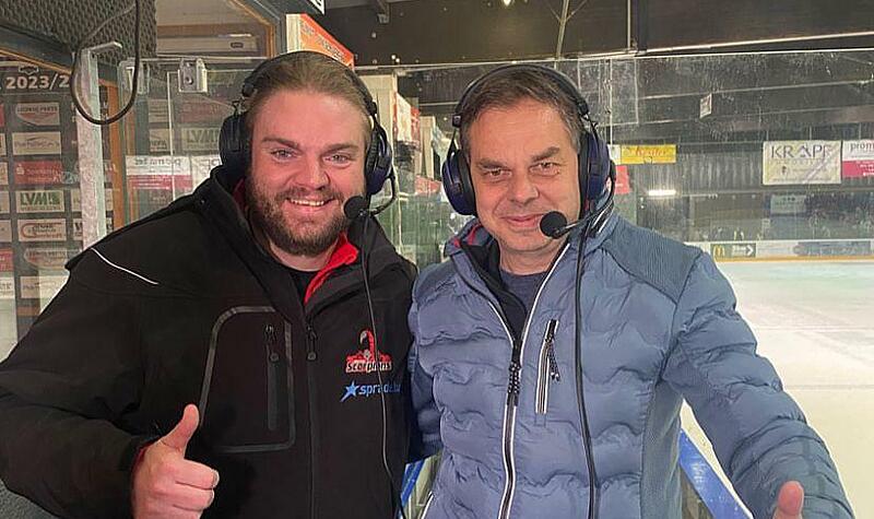 Höchstadt Alligators gegen Hannover Scorpions: Kommentatoren in Spiel 3 wie in Spiel 2 Höchstadt Alligators gegen Hannover Scorpions: Kommentatoren in Spiel 3 wie in Spiel 2: Steffen Wiebe (links) und Andreas Koitsch.