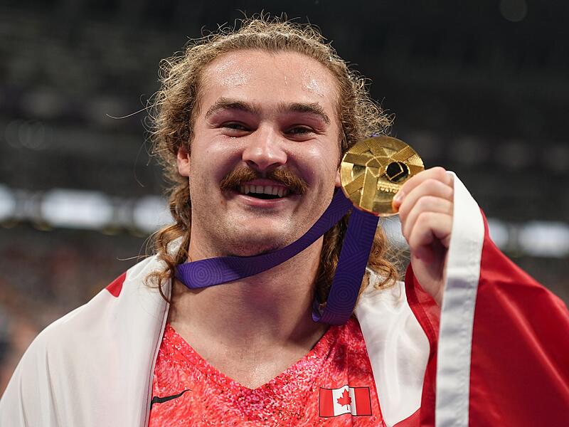 Leichtathletik: Weltmeisterschaft Ethan Katzberg aus Kanada jubelt im Hammerwurf Finale.