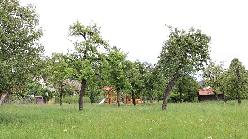 Auf dieser und hinter dem Spielplatz liegenden Streuobstwiese, gegen&uuml;ber der Kirche in Wannbach, soll die Interimsl&ouml;sung f&uuml;r zwei Krippengruppen entstehen.Forchheim & Fr&auml;nkische Schweiz