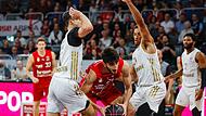 Die Münchner Vladimir Lucic (l.) und Augustine Rubit (r.) stellen sich im Pokalspiel, das die Bayern mit 85:68 klar für sich entschieden, Brose-Center Gabriel Chachashvili in den Weg.