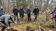 Förster Stefan Stirnweiß zeigt den freiwilligen Helfern und dem Bürgermeister in Großenseebach, wie die Setzlinge zu pflanzen sind.