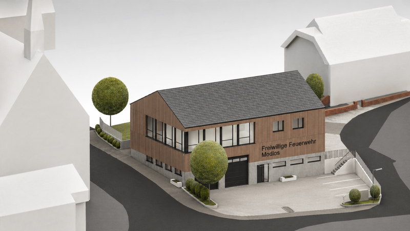 So soll das neue Feuerwehrhaus in Modlos aussehen: Das Geb&auml;ude vereint Feuerwehr und Dorfgemeinschaft unter einem Dach.