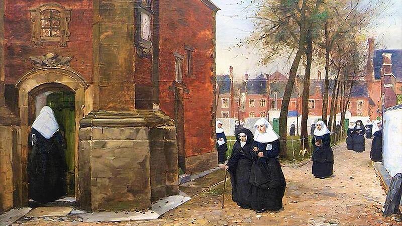 Beginen beim Kirchgang auf einem &Ouml;lgem&auml;lde des belgischen Malers Lodewijk Tytgadt.