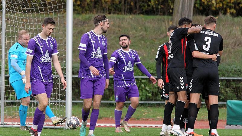 Ecke, Kopfball, Tor: Der TSV Aubstadt feiert in dieser Szenen seinen Treffer zum 2:0 und gewann am Ende das Regionalliga-Duell beim FC Eintracht hochverdient mit 3:0.