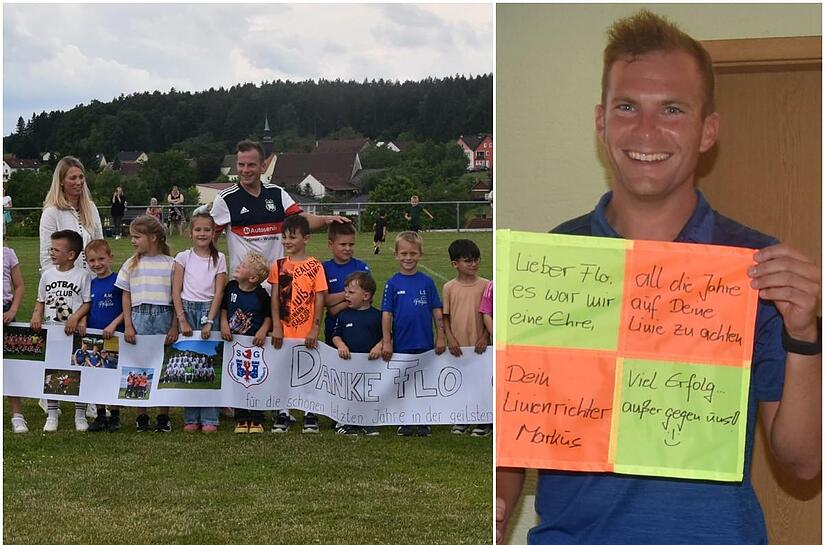 Auch der Nachwuchs  bereitete Florian Müller und Gattin Verena mit dem Abschiedsbanner einen unvergesslichen Tag. Rechts: Widmungen von Bürgermeister Markus Grüner zieren das Fähnchen.Forchheim & Fränkische Schweiz