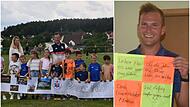 Auch der Nachwuchs  bereitete Florian Müller und Gattin Verena mit dem Abschiedsbanner einen unvergesslichen Tag. Rechts: Widmungen von Bürgermeister Markus Grüner zieren das Fähnchen.Forchheim & Fränkische Schweiz